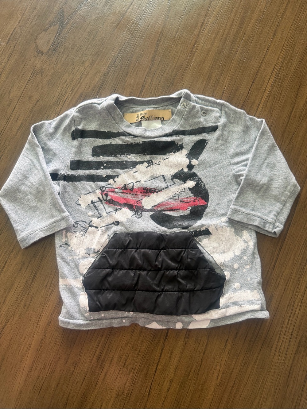 John Galliano Gray Long-Sleeve Tee with Black Quilted Pocket and Red Graphic